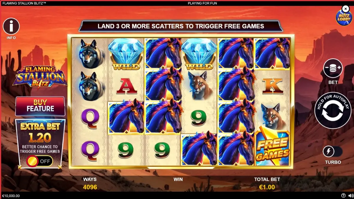 Flaming Stallion Blitz slot game screen featuring the blue stallion