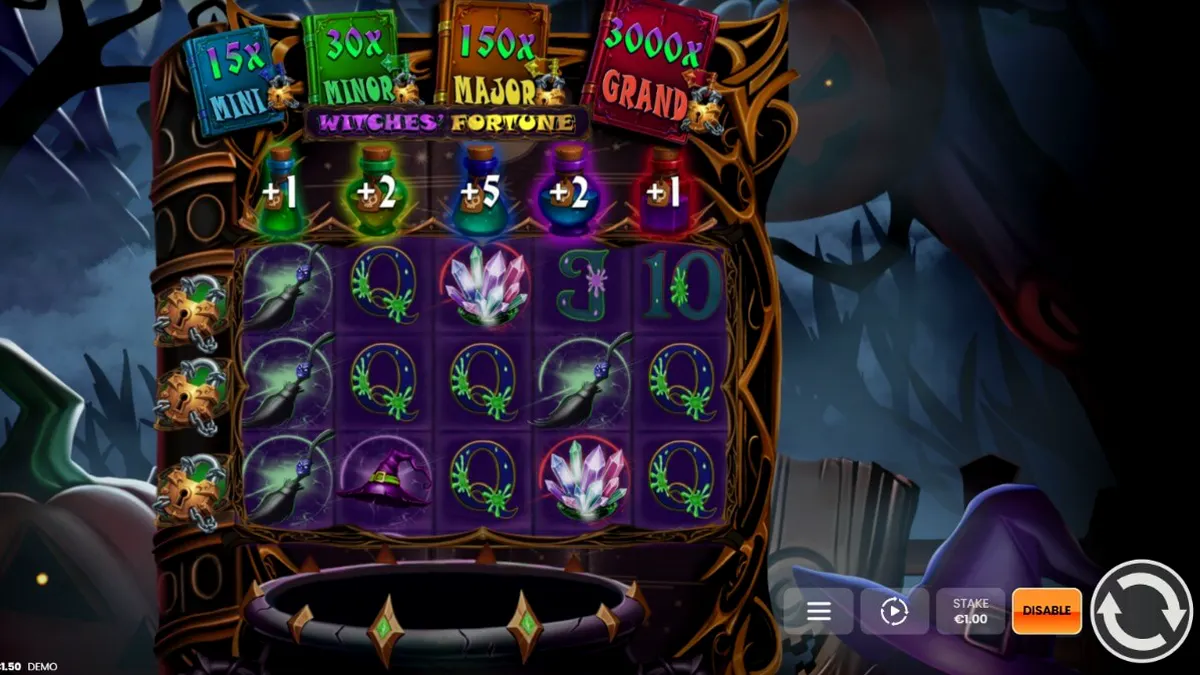 Tampilan visual slot Witches’ Fortune: Hold & Win dengan tema sihir dan kuali ajaib